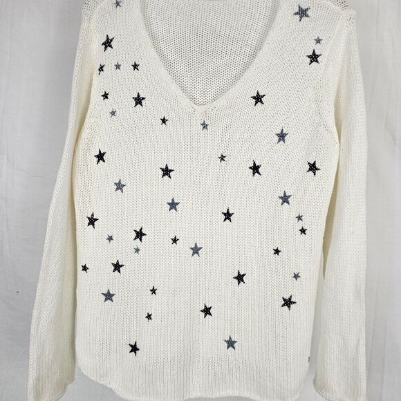 Wooden Ships Breaker Mini Stars V-Neck Cotton Sweater Women's Size S/M - Picture 2 of 6